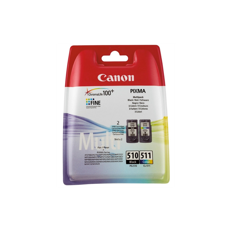 CANON CARTUCHO NEGRO/COLOR PG510/CL511 COMBO PACK 2 IP/1900/2700 MP/240/260/280/480/495 MX/320/330/340/350