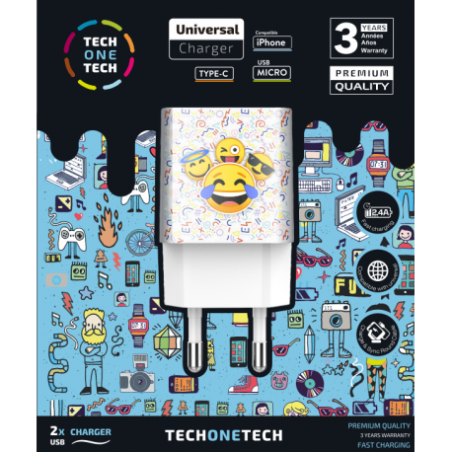 CARGADOR 5V 2 X USB T1T 2.4A EMOJITECH SMILE