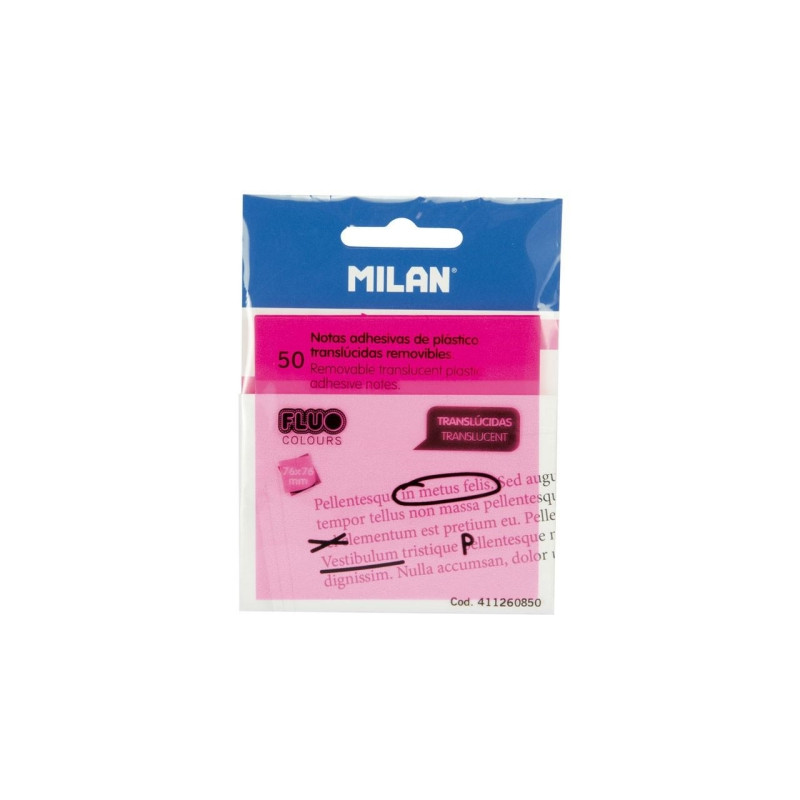 MILAN NOTAS ADHESIVAS 50 HOJAS 76X76MM TRANSLÚCIDAS ROSA FLUORESCENTE