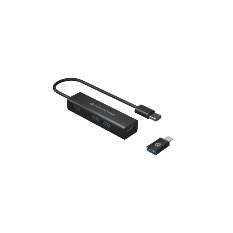 HUB USB-C 3.0 CONCEPTRONIC HUBBIES07B 4 PUERTOS USB 3.0 COLOR NEGRO CARCASA DE ALUMINIO CON ADAPTADOR USB-C A USB-A