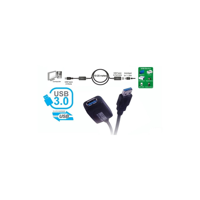 Cable extensión activo USB 3.0 A Macho a A Hembra - 15m - Negro