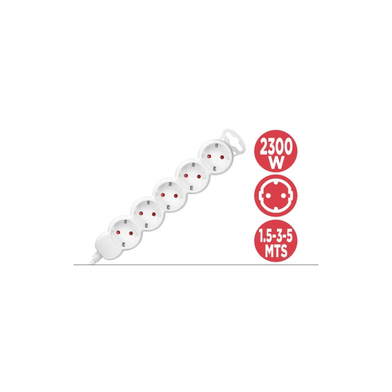 Phasak - Regleta 5 tomas schuko sin interruptor blanca - Cable 1,5 metros